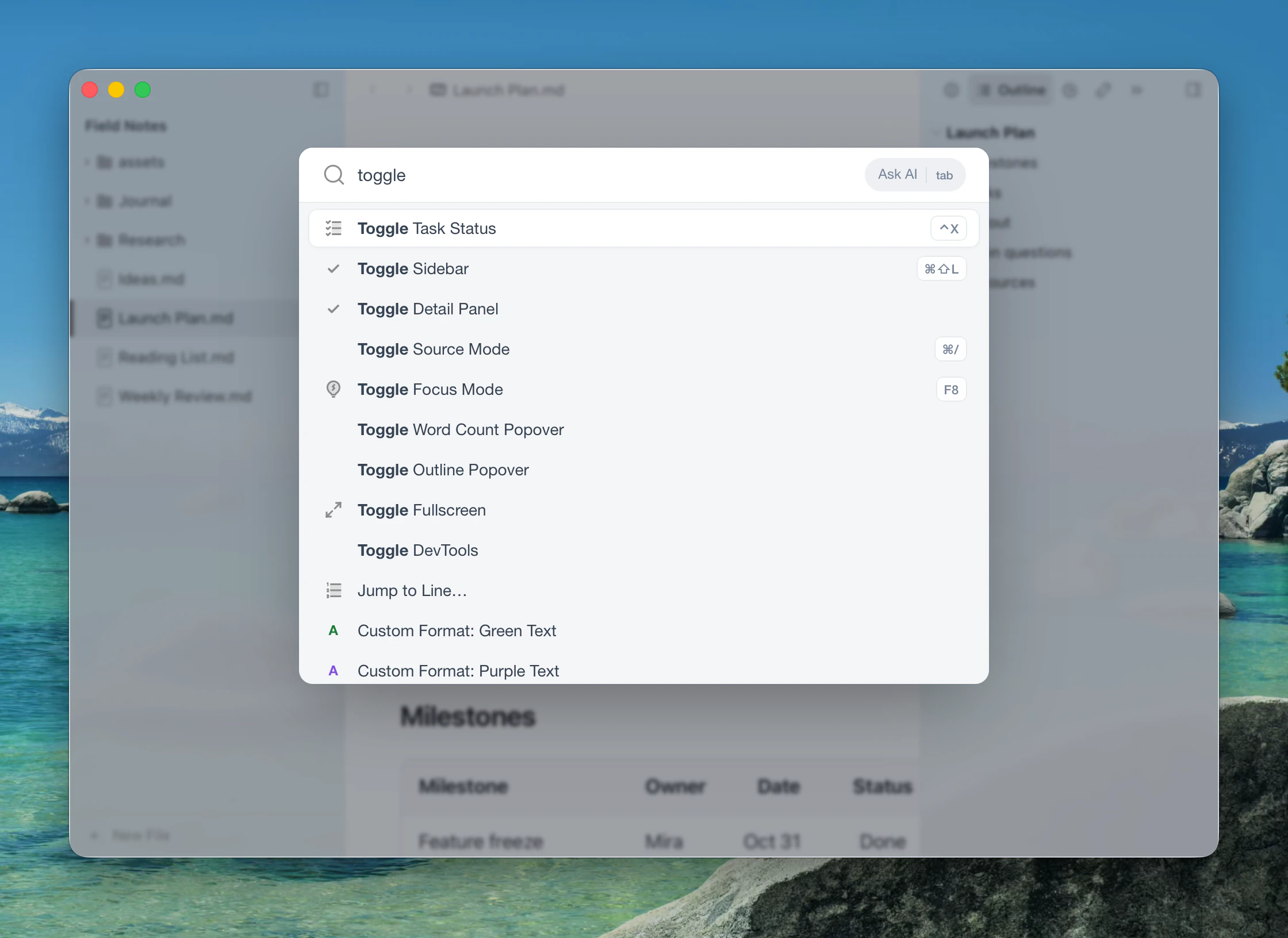 The command palette, filtered to toggle commands