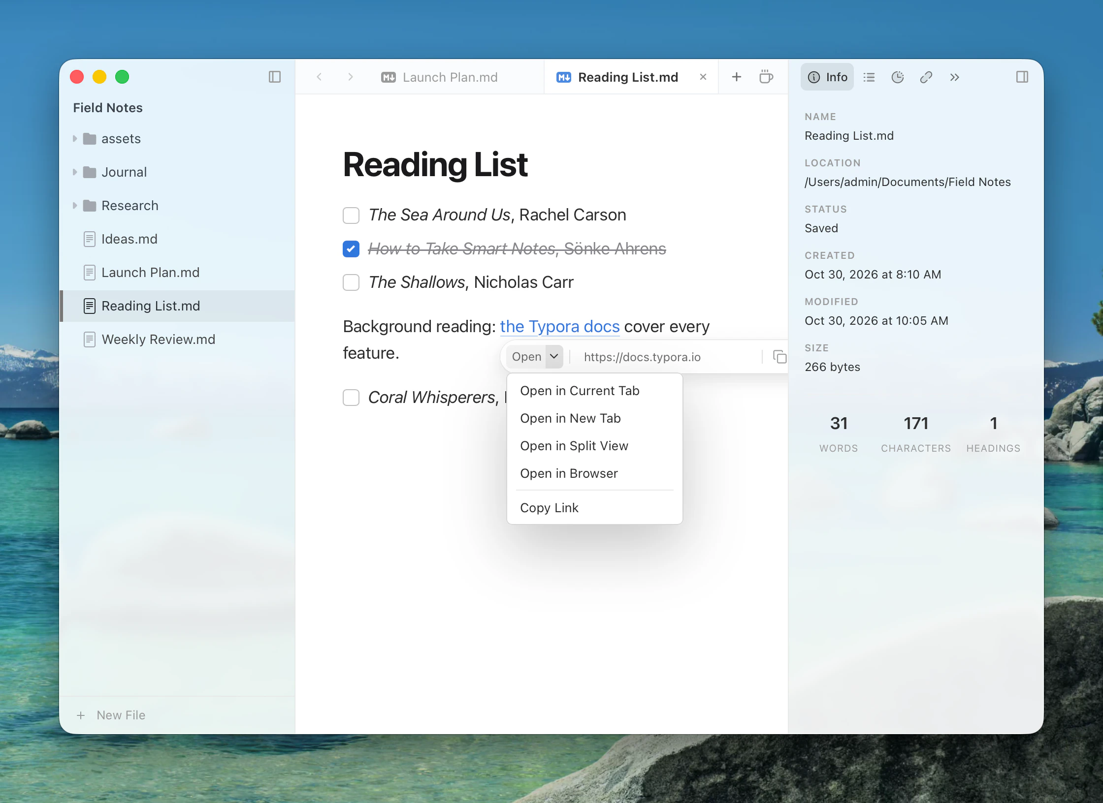 The link menu