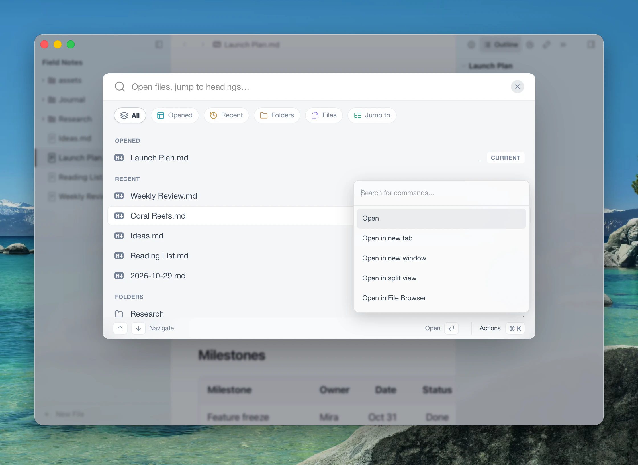 Actions for a file in Open Quickly