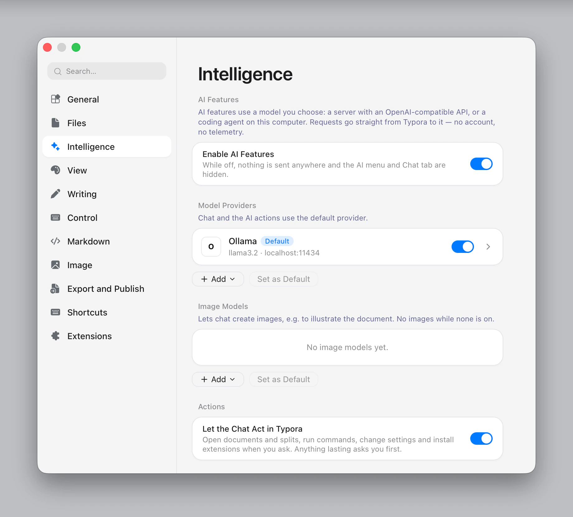 Settings ▸ Intelligence with a model provider added