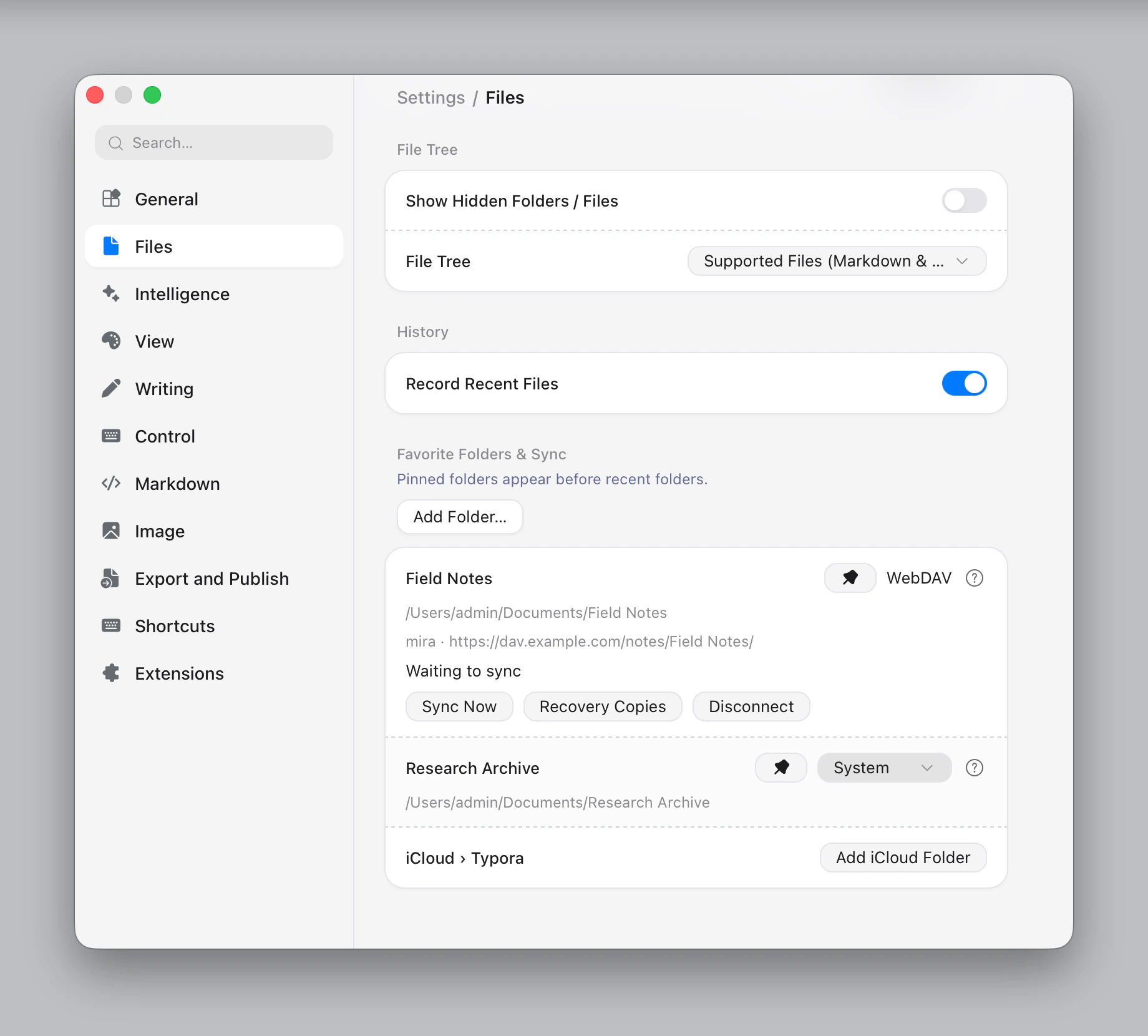 Favorite Folders & Sync in Settings