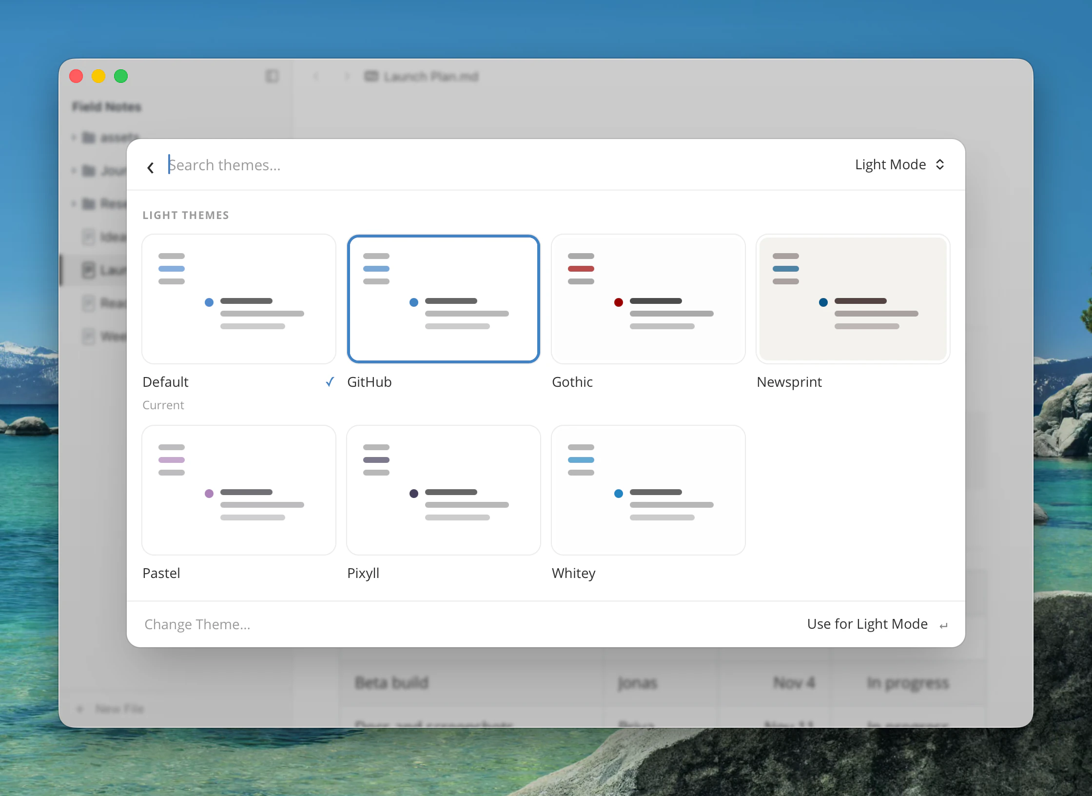 Previewing themes in the palette